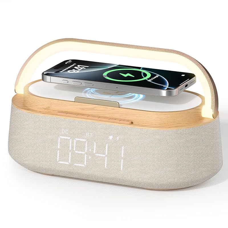 Wood Variation 6-in-1 Alarm Clock with Bluetooth Speaker, Wireless Charger, FM Radio, Night Light