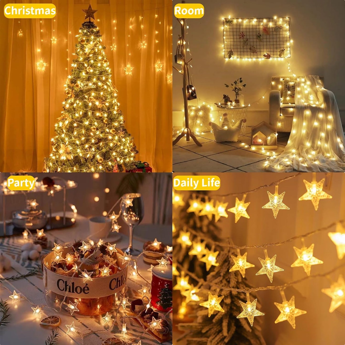 Star String Lights - 50 LED Twinkle Lights | 17 ft Battery Operated Fairy Lights for Kids' Bedroom & Wedding Decor, Warm White
