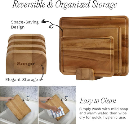 Sango Acacia Cutting Board Set - 3-Piece Wood Chopping Boards with Juice Grooves & Stand | Non-Toxic & Reversible