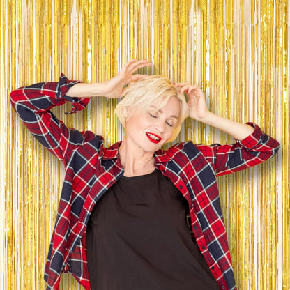 Voircoloria Laser Gold Foil Fringe Backdrop Curtains - 3 Pack Tinsel Streamers for Parties | 3.3 x 8.2 ft