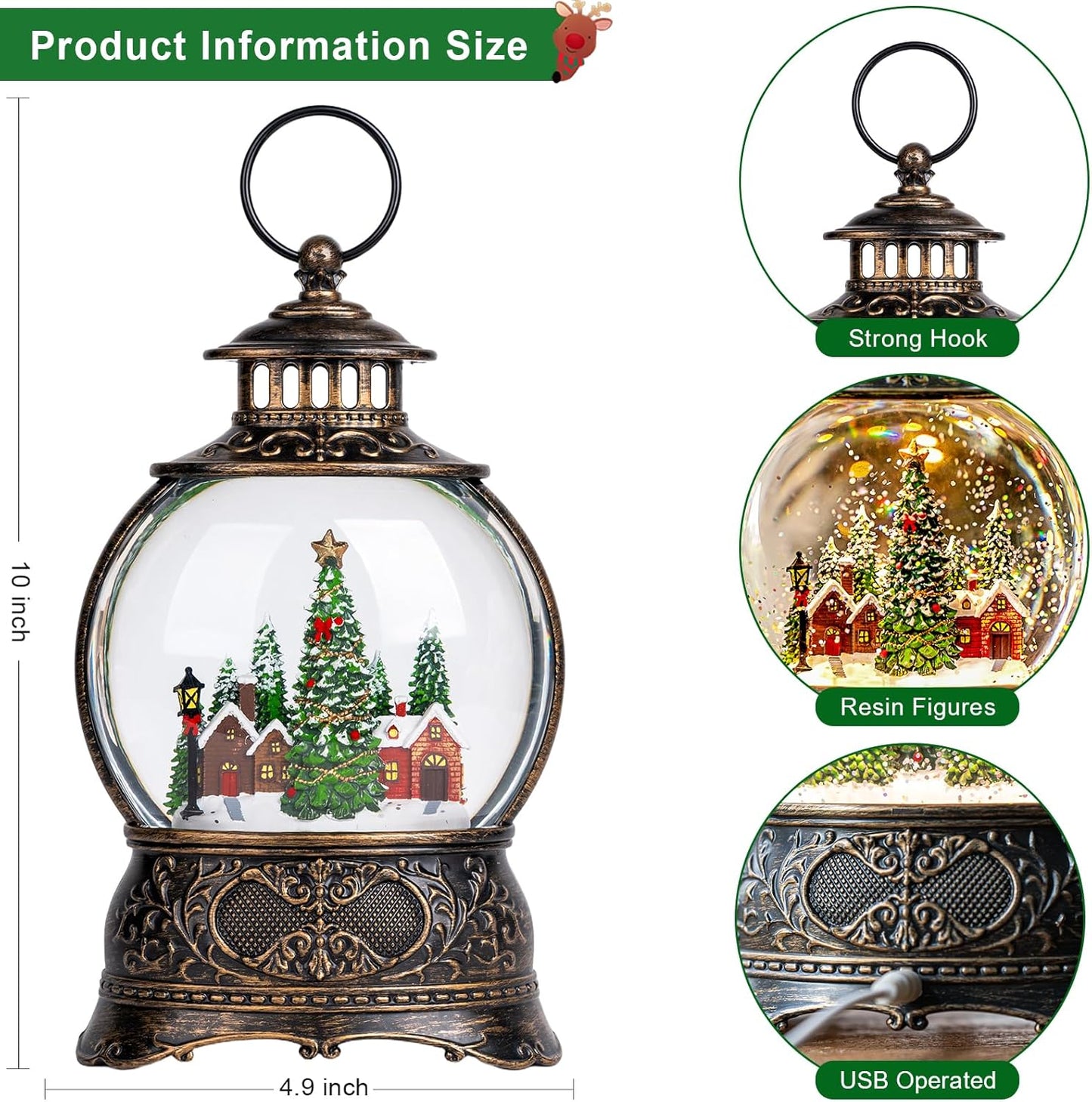 Regine Switzerland Christmas Snow Globe Lantern - Musical Water Lantern with Timer & USB/Battery Operated | Festive Decoration Gift