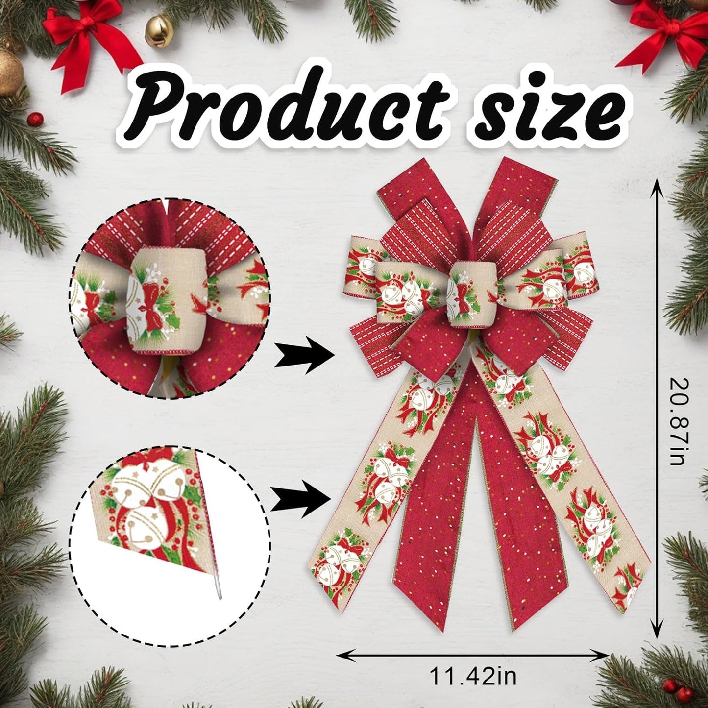Skiennix Large Christmas Bow - 11.42" x 20.86" Red & Beige Wired Craft Bow with Bells & Holly Design for Holiday Decor