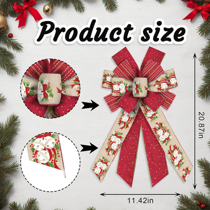 Skiennix Large Christmas Bow - 11.42" x 20.86" Red & Beige Wired Craft Bow with Bells & Holly Design for Holiday Decor