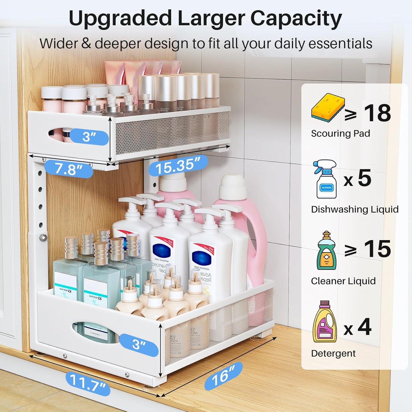 Under Sink Organizer | 2-Pack 2-Tier Pull-Out Shelf with Mesh Drawers for Kitchen & Bathroom