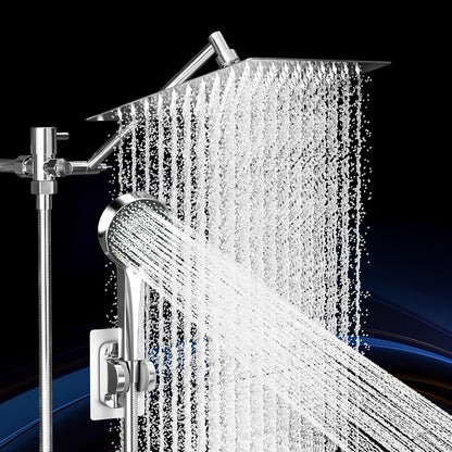 Regine Switzerland Rain Shower Head - 10 Inch High Pressure Dual Showerhead Set with Handheld Spray & Extension Arm | Silver