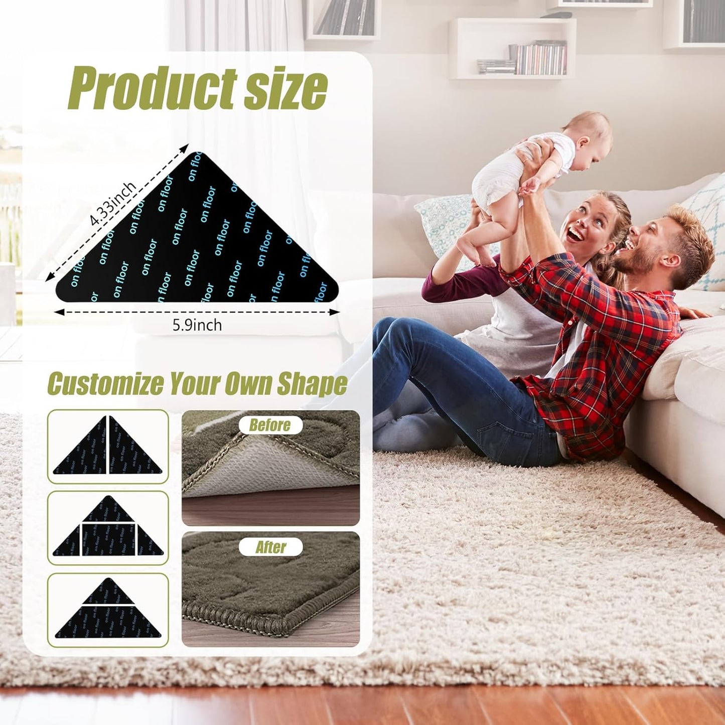 Rug Tape by [Brand Name] - Non-Slip Double-Sided Adhesive for Hardwood Floors | 12 Pcs, No Residue