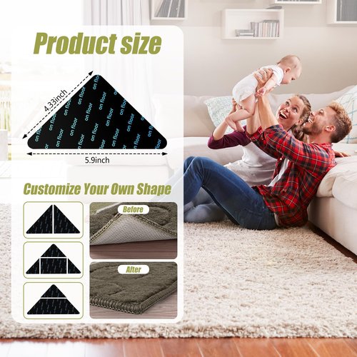 12 Pcs Rug Tape, Non Slip Carpet Tape for Hardwood Floors, Double-Sided Adhesive Rug Stickers Keep Corners Flat, No Residue/BPA-Free
