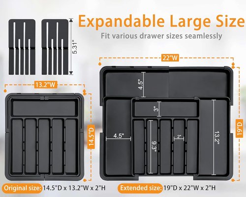 Homecor Silverware Organizer - Expandable Kitchen Drawer Utensil Tray with 2 Removable Knife Blocks | 22"x19" (Black)