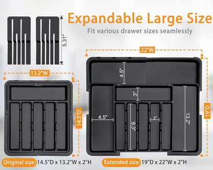 Homecor Silverware Organizer - Expandable Kitchen Drawer Utensil Tray with 2 Removable Knife Blocks | 22"x19" (Black)