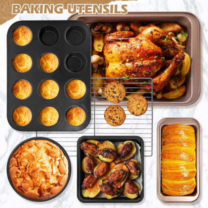 Skiennix Nonstick Bakeware Set - 15-Piece Baking Pan Collection with Cooling Rack & Accessories | Oven Safe Metal