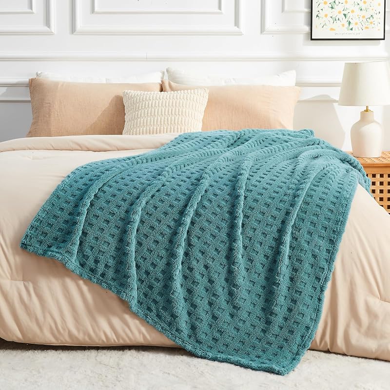 Newcosplay 3D Waffle Checkered Flannel Queen Blanket - Light Teal 90x90
