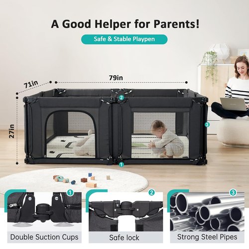 Doradotey Baby Playpen - Adjustable Large Playard for Infants & Toddlers | Foldable Mesh Design, Black 180x200x68cm