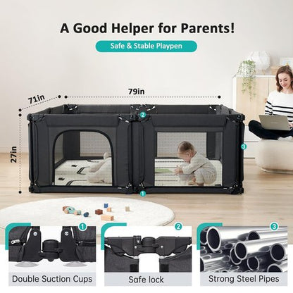 Doradotey Baby Playpen - Adjustable Large Playard for Infants & Toddlers | Foldable Mesh Design, Black 180x200x68cm