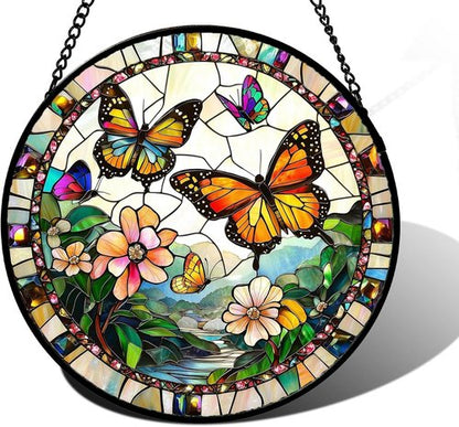 DASTOLL Stained Glass Window Hanging - Butterfly Suncatcher for Home Decor | 9.8-Inch Gift for Mom