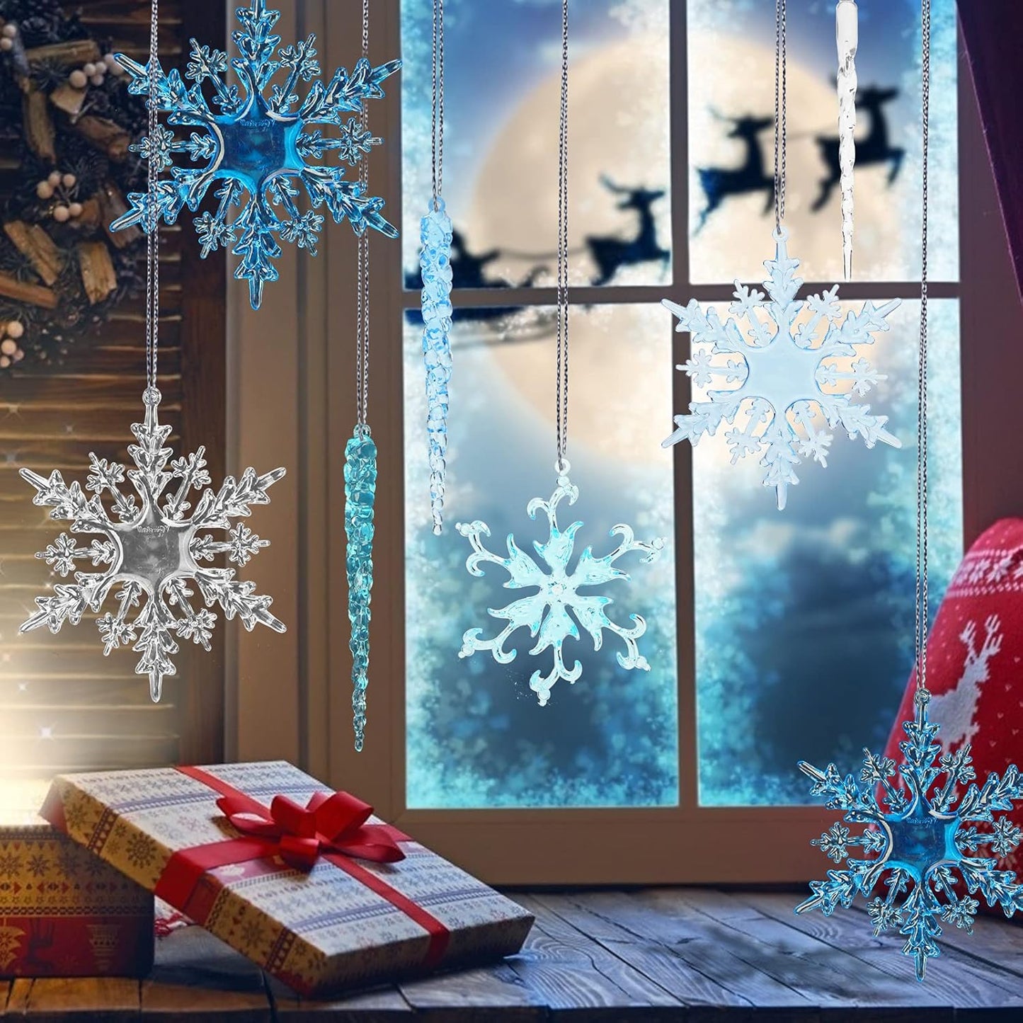 VGOODALL Clear Snowflake & Icicle Ornaments - 36PCS Acrylic Christmas Tree Decorations | Gold & Silver Strings