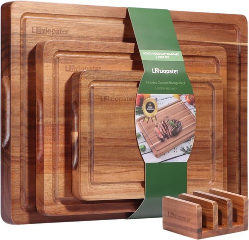Acacia Wood Cutting Board Set - Durable Chopping Boards with Deep Juice Grooves & Built-in Handles | Set of 3