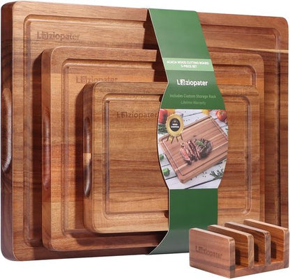Acacia Wood Cutting Board Set - Durable Chopping Boards with Deep Juice Grooves & Built-in Handles | Set of 3