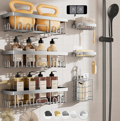 Veken Shower Caddy - Large Wall Mounted Organizer with Soap Dish & Toothbrush Holder | Silver 6-Pack