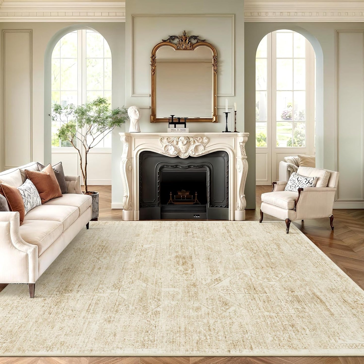 Soalmost Washable Area Rug - Large Vintage Beige 8x10 Soft Non-Slip Rug for Living Room & Bedroom