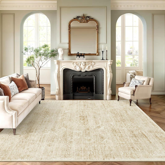 Soalmost Washable Area Rug - Large Vintage Beige 8x10 Soft Non-Slip Rug for Living Room & Bedroom
