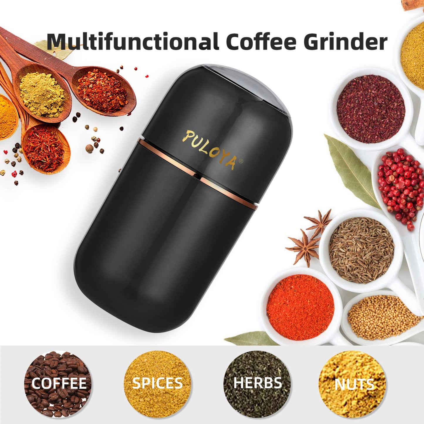 PULOYA Coffee Grinder Electric for Beans, Spices, Herbs, Grains and Nuts, Stainless Steel Blades, 2.8 oz, Black