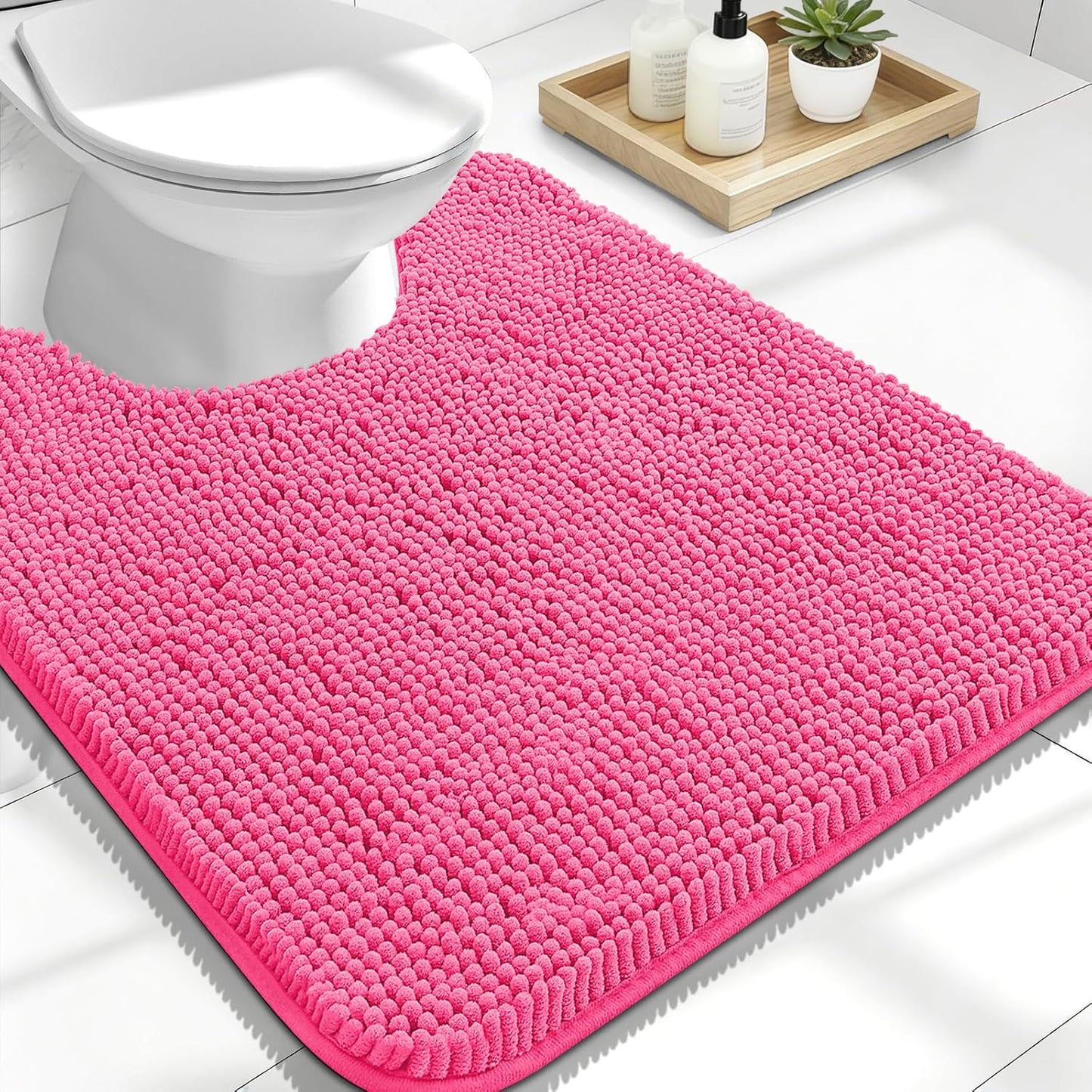 OLANLY U-Shaped Toilet Rug - Extra Soft Chenille, Quick-Dry, Non-Slip Bath Mat | 24x20, Hot Pink