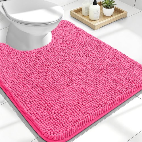 OLANLY Toilet Rugs U-Shaped 24x20, Extra Soft Absorbent Chenille Contour Bathroom Rugs for Toilet, Dry Quickly, Machine Washable, Non-Slip Bath Mat, Hot Pink