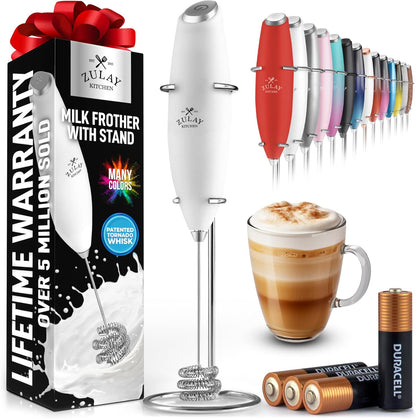 Zulay Kitchen Tornado Triple Whisk Milk Frother - Handheld Foam Maker for Coffee & Lattes - Blizzard White
