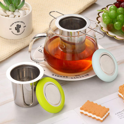 2 Pieces Tea Infusers with Tea Scoop Stainless Steel Tea Strainer Folding Handle Tea Filter Fine Mesh Strainer Brewing Basket with Silicone Lid for Loose Leaf Tea