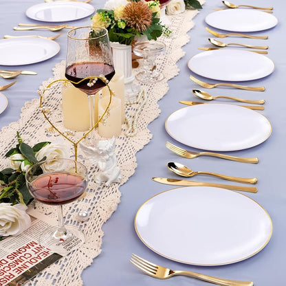 White with Gold Rim 9 Inch Plastic Dinner Plates - 50 Pack, Disposable Party & Wedding Plates