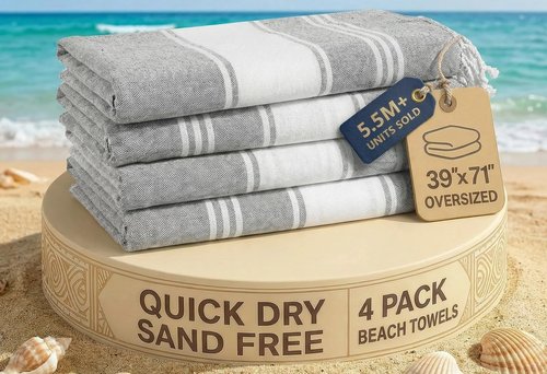 LANE LINEN Turkish Beach Towels Set of 4 - Oversized Beach Towel 39"x71", Durable Sand Proof Towel, Absorbent & Quick Dry, Perfect for Pool or Travel – Alloy