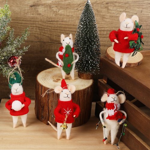 Juegoal Christmas Felt Mice Ornaments - Set of 5 Cute Wool Mouse Hanging Decor for Holiday Wreaths