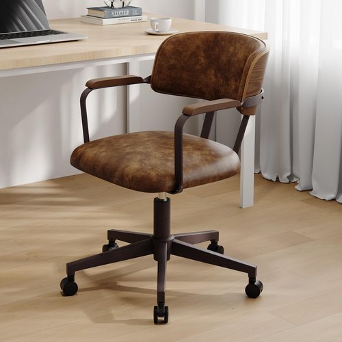 BFZ Mid Century Modern Home Office Chair, Faux Leather Rolling Swivel Desk Chair with Walnut Back, Adjustable Height Computer Task Armrests Chair for Home Office, Brown