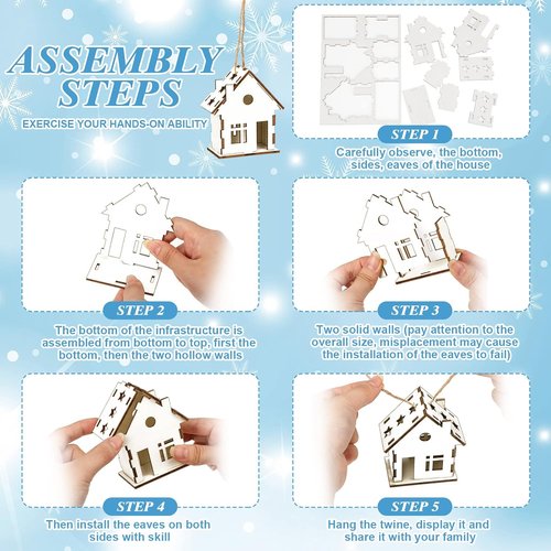 Coume Christmas Wooden Ornaments - 9 Pcs Rustic White House Cutouts for DIY Tree Decorations
