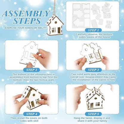 Coume Christmas Wooden Ornaments - 9 Pcs Rustic White House Cutouts for DIY Tree Decorations