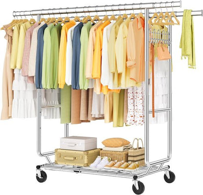 Hoctieon Heavy-Duty Double Rod Clothes Rack - 2-Minute Assembly, Adjustable Metal Pole with Wheels, Chrome