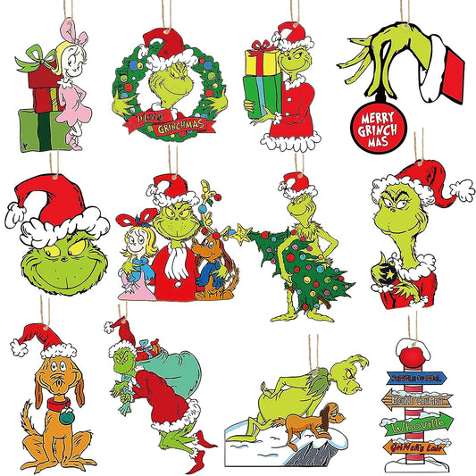 YOSICHY 24pcs Grinch Christmas Decorations,Wooden Grinch Ornaments,Grinch Wood Ornaments for Christmas Tree,Grinch Wall Window Decor