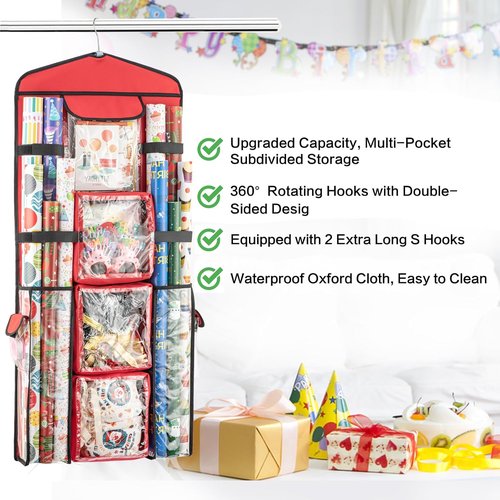 Christmas Wrapping Paper Organizer - Double-Sided Gift Bag Storage Holder | Red