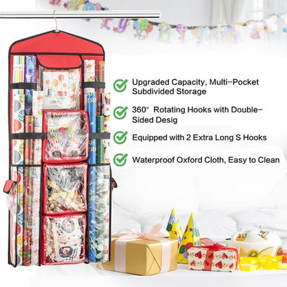 Christmas Wrapping Paper Organizer - Double-Sided Gift Bag Storage Holder | Red