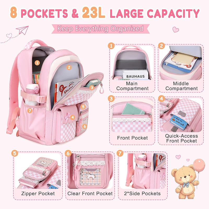 Kids School Backpack for Girls 6-14 Pink Checkerboard Variation: Pink Checkerboard