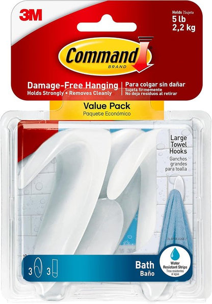 Command Bath Large Towel Hook Set - 3 Large Clear Frosted Hooks with Water-Resistant Strips for Damage-Free Organization