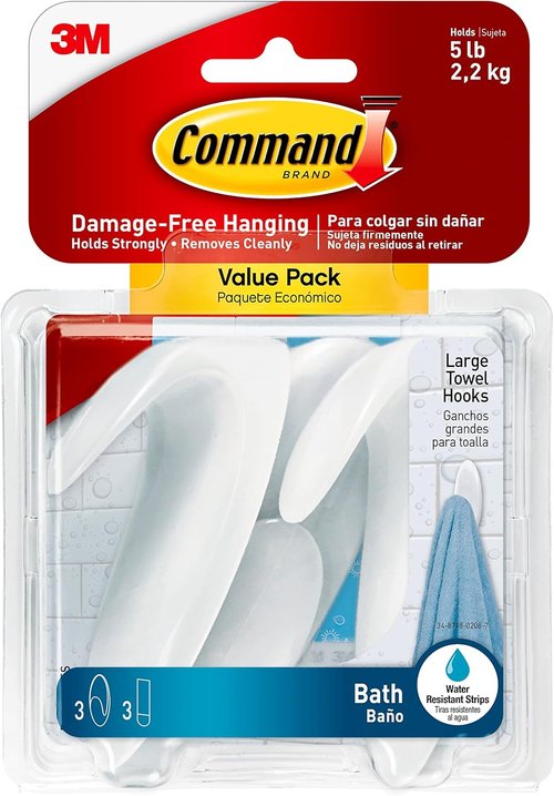 Command Bath Large Towel Hook Set - 3 Large Clear Frosted Hooks with Water-Resistant Strips for Damage-Free Organization