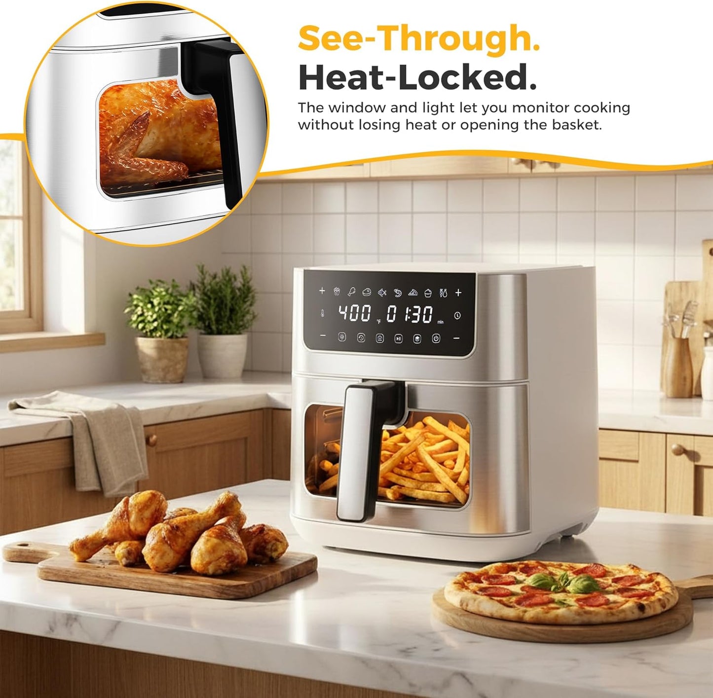 NEWBULIG Air Fryer - 6.34QT with Visible Window & Fast Heating - 8-in-1 Cooking Presets, Stainless Steel, White