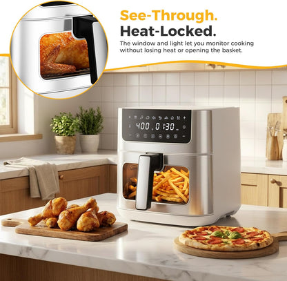 NEWBULIG Air Fryer - 6.34QT with Visible Window & Fast Heating - 8-in-1 Cooking Presets, Stainless Steel, White