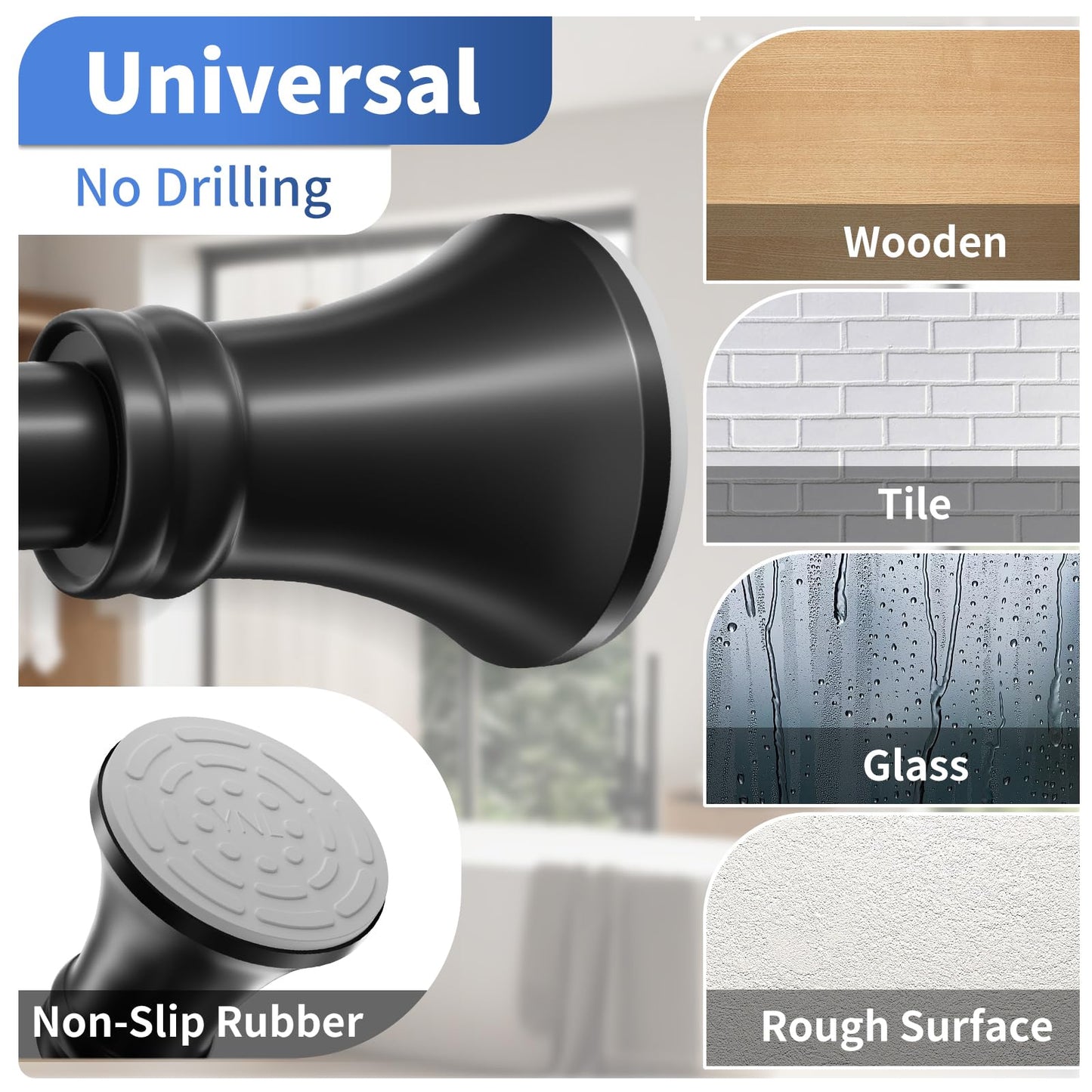 YNL Matte Black Shower Curtain Rod 36-84 Inch(3-7ft), No Slip No Drill Stainless Steel Spring Tension Curtain Rod, No Rust Shower Rod Adjustable For Bathroom Window Bedroom