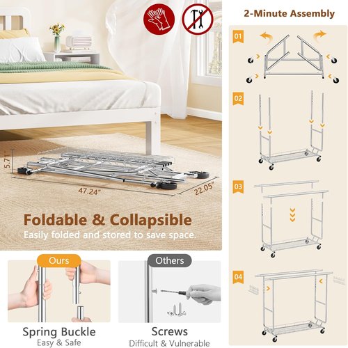 Hoctieon Heavy-Duty Double Rod Clothes Rack - 2-Minute Assembly, Adjustable Metal Pole with Wheels, Chrome