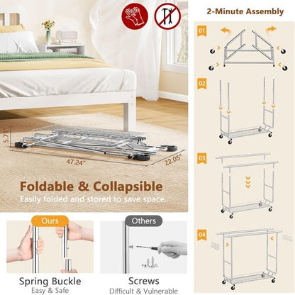 Hoctieon Heavy-Duty Double Rod Clothes Rack - 2-Minute Assembly, Adjustable Metal Pole with Wheels, Chrome