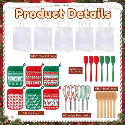 Christmas Pot Holders & Utensil Gift Set – 6 Potholders, 6 Spatulas, 6 Spoons, 6 Gift Bags, Vintage Knit Pattern (Red & Vintage)