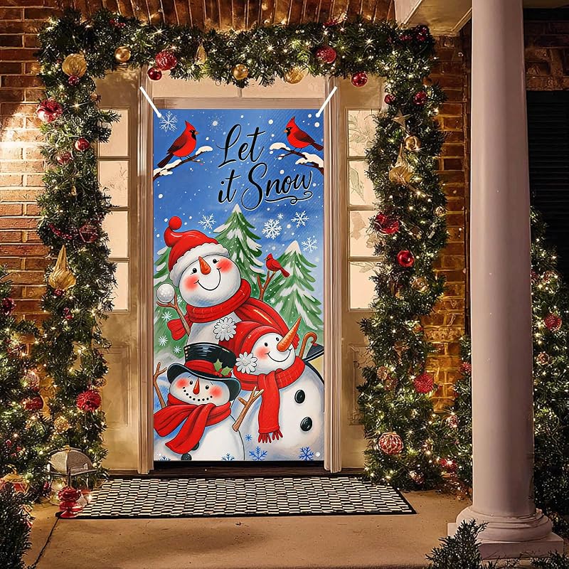 Door Cover Winter Wonderland Snowmen Pair - 35x71 Inch Polyester, Three Snowmen Variation
