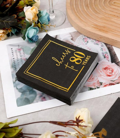 Cheers to Years Cocktail Napkins - 50 Pack 3-Ply Disposable Birthday & Anniversary Napkins | Black & Gold 5x5 Inches